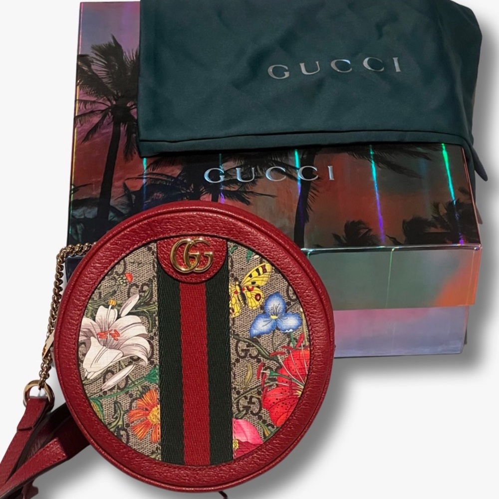 GUCCI GG Supreme Monogram Web Flora Mini Ophidia Round Backpack Red
